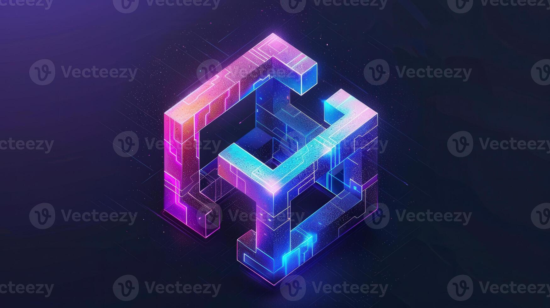 A vibrant digital artwork depicts a glowing neon geometric shape against a dark background. photo