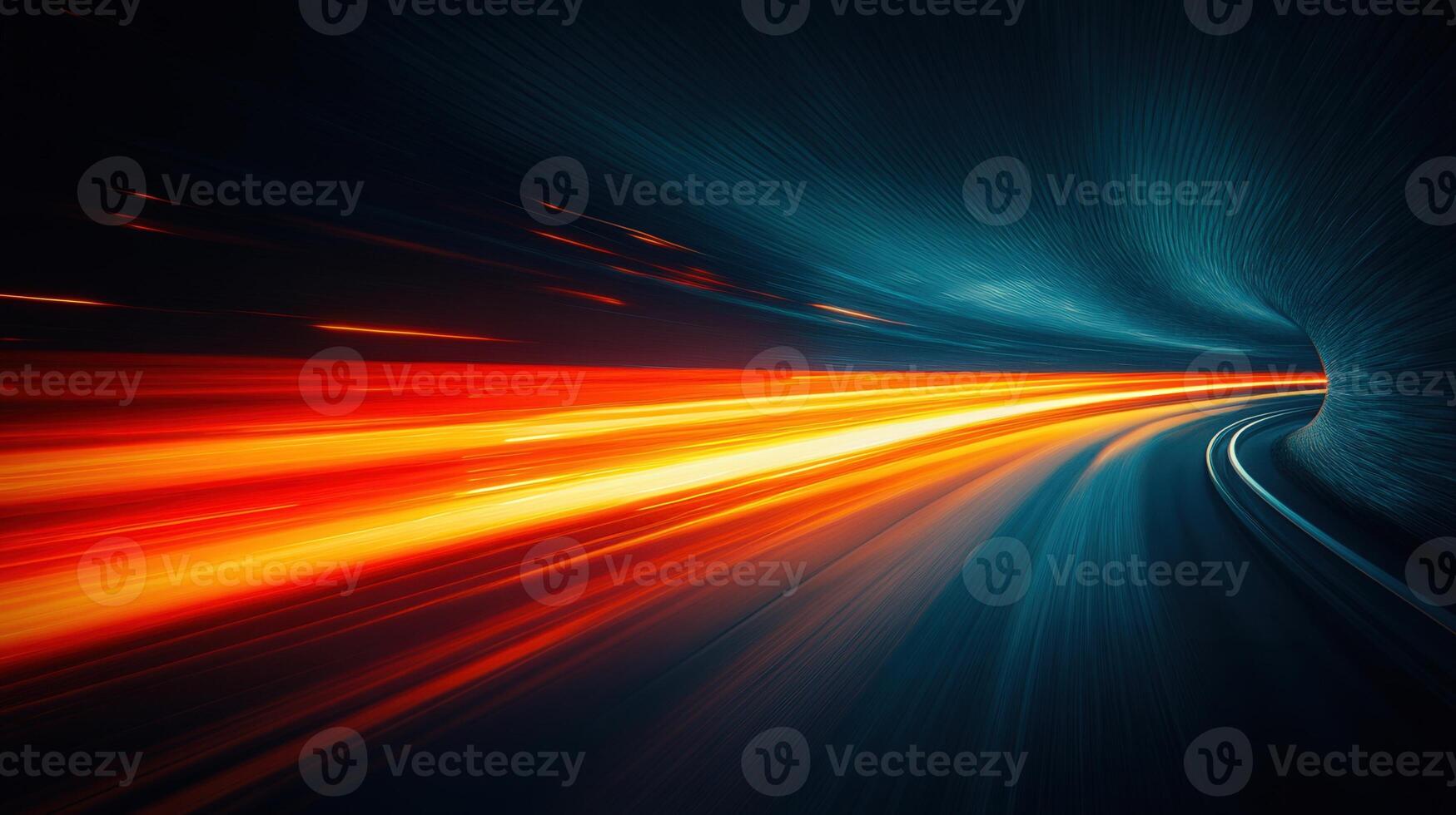An artistic view of a tunnel, illustrating fast motion with striking streaks of light and depth. photo