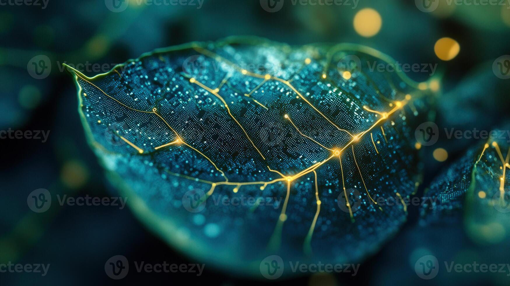 A digitally enhanced leaf presents a blend of nature and modern technological circuitry. photo