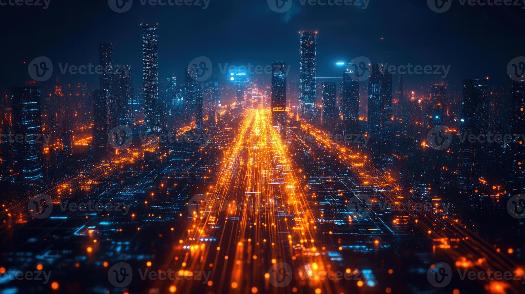 A mesmerizing view of a digital city, showcasing data flow and connection lines at night. photo