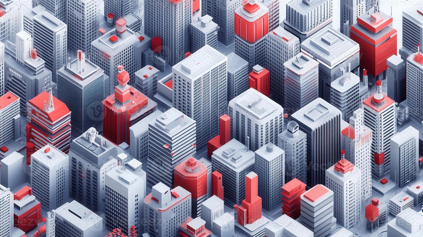 An impressive overhead shot of a modern city with gray and red high-rise buildings. photo