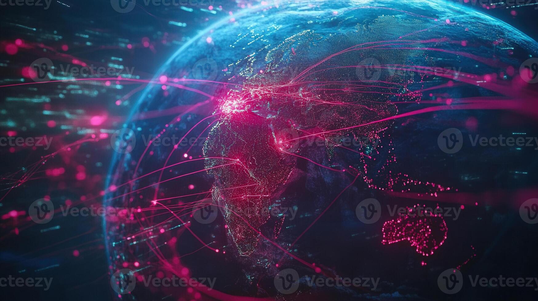 Earth with glowing lines, representing global digital networks and technological connections. photo