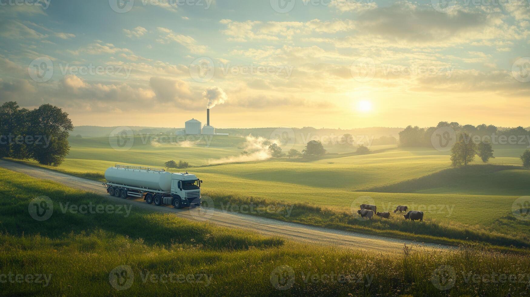 A tanker truck travels along a road through green fields towards the sunrise in a rural landscape. photo
