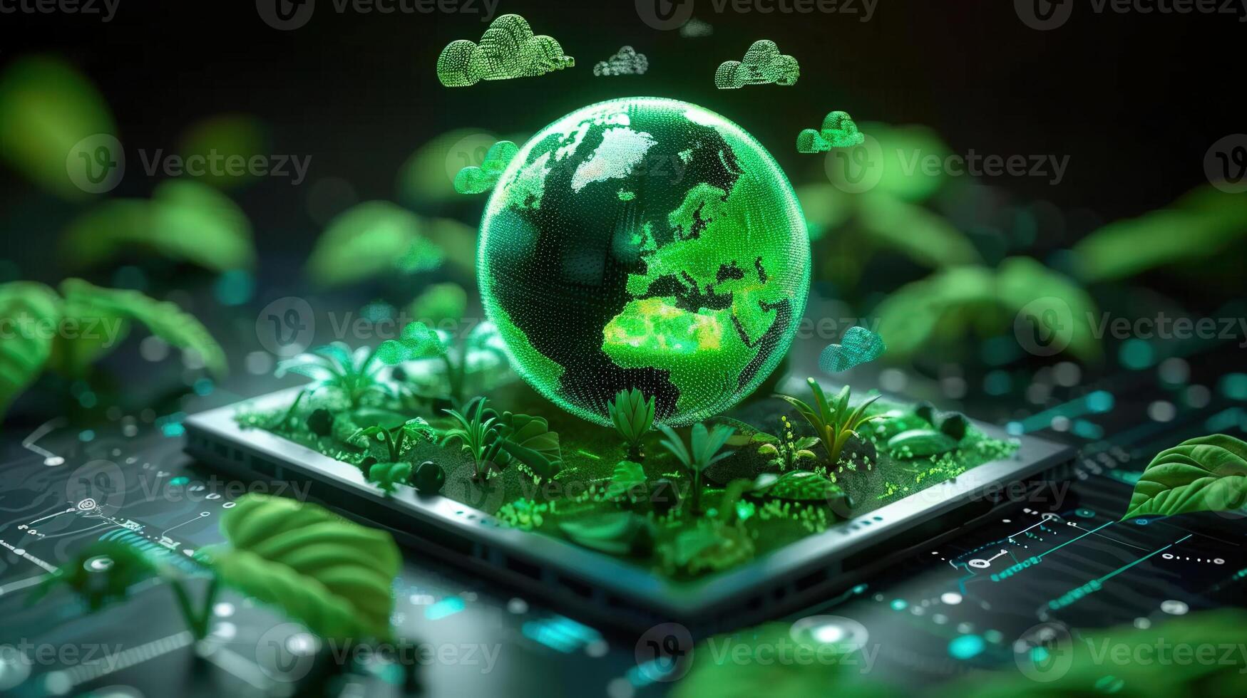 Artistic depiction of the earth transformed by technology, highlighting green innovation for sustainability. photo