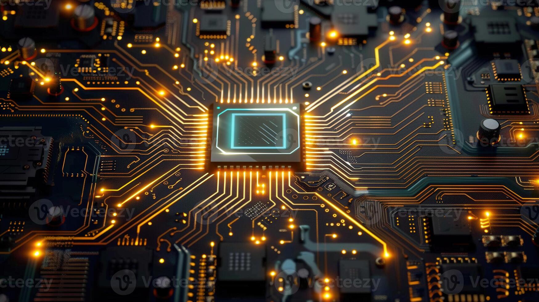 A detailed view of a computer motherboard with glowing golden circuits and a central processor. photo