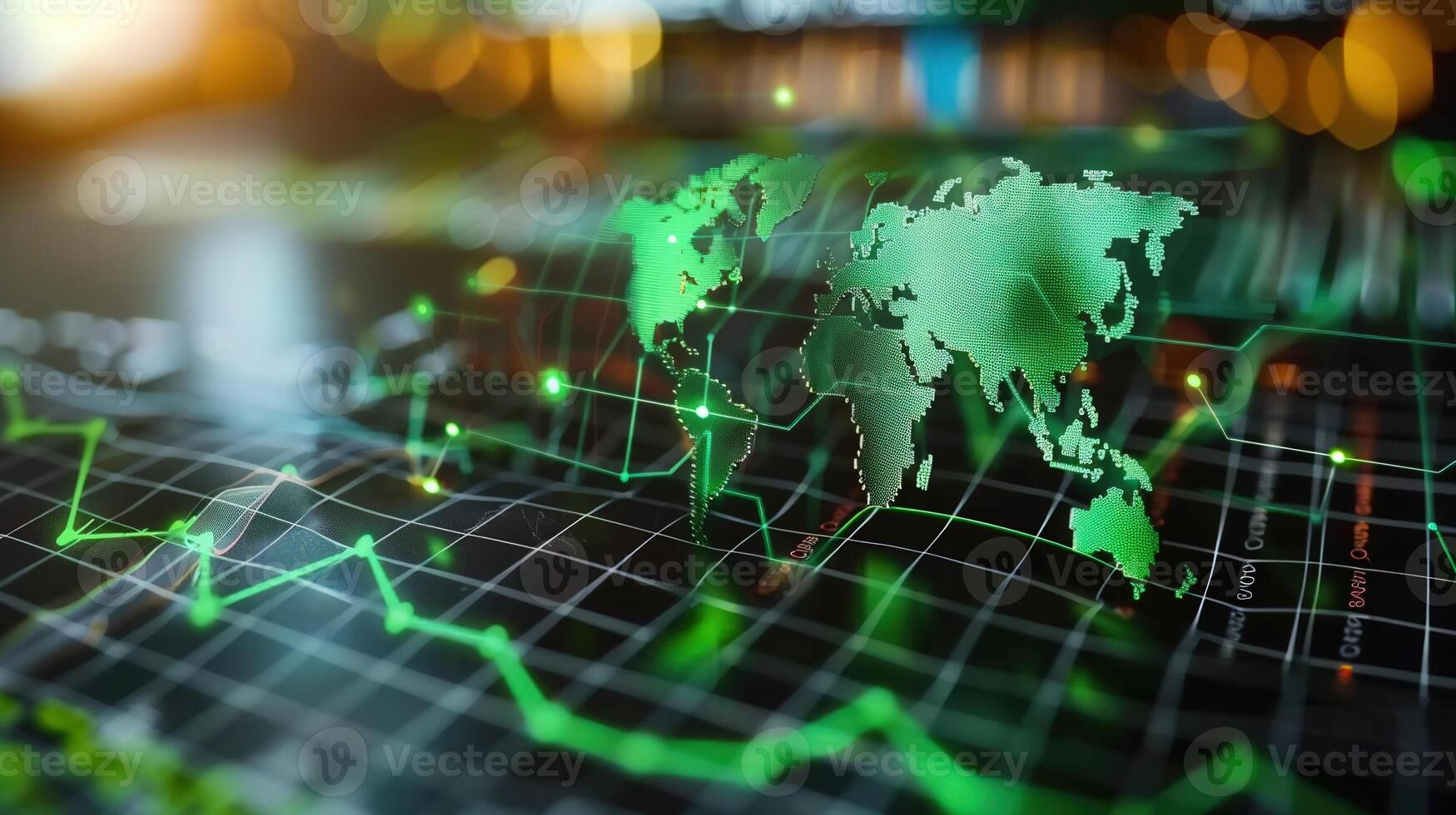 A vibrant image illustrating the global financial markets with a world map and financial data. photo