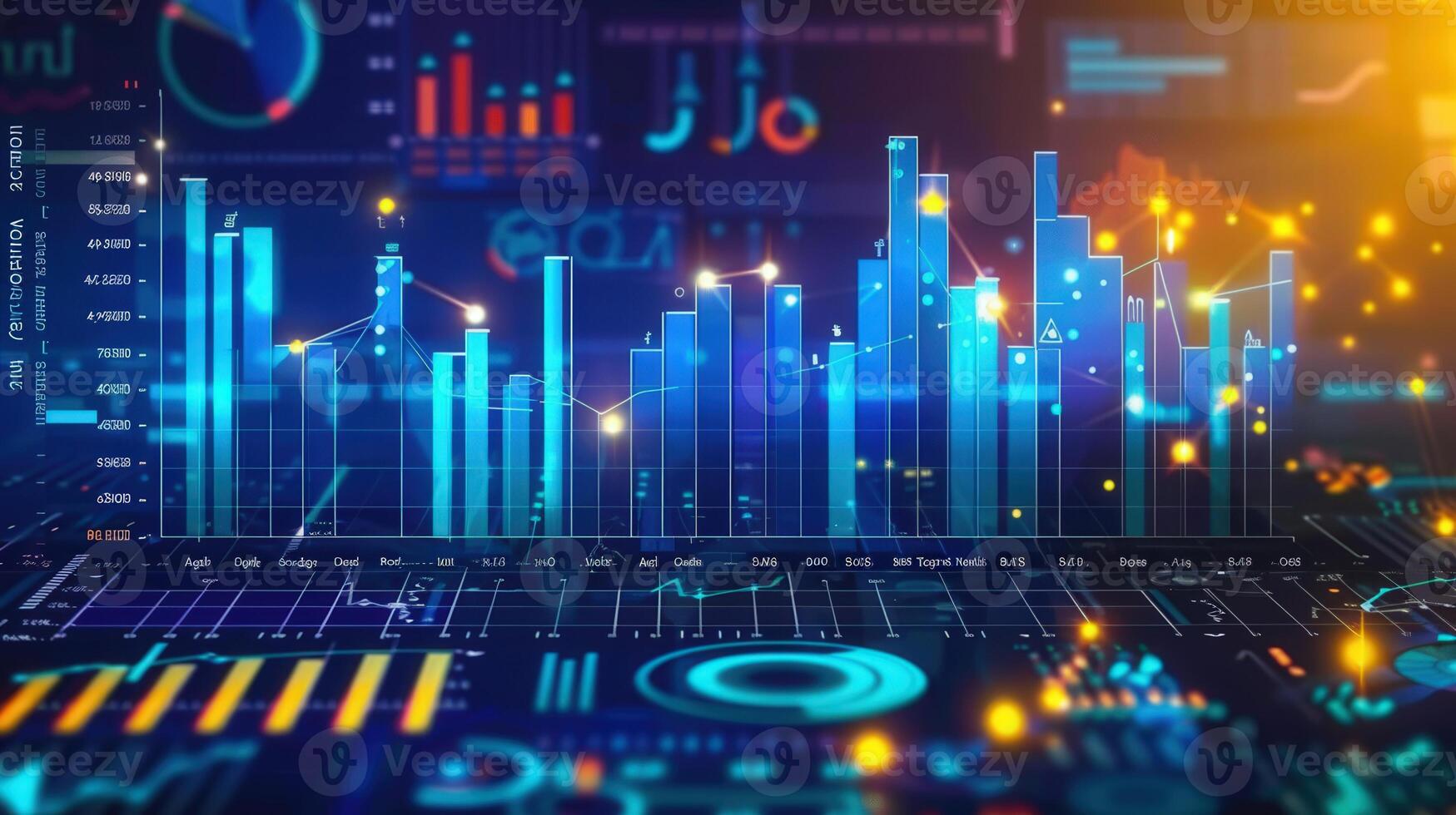 An abstract financial data visualization composed of graphs and illuminated digital charts. photo