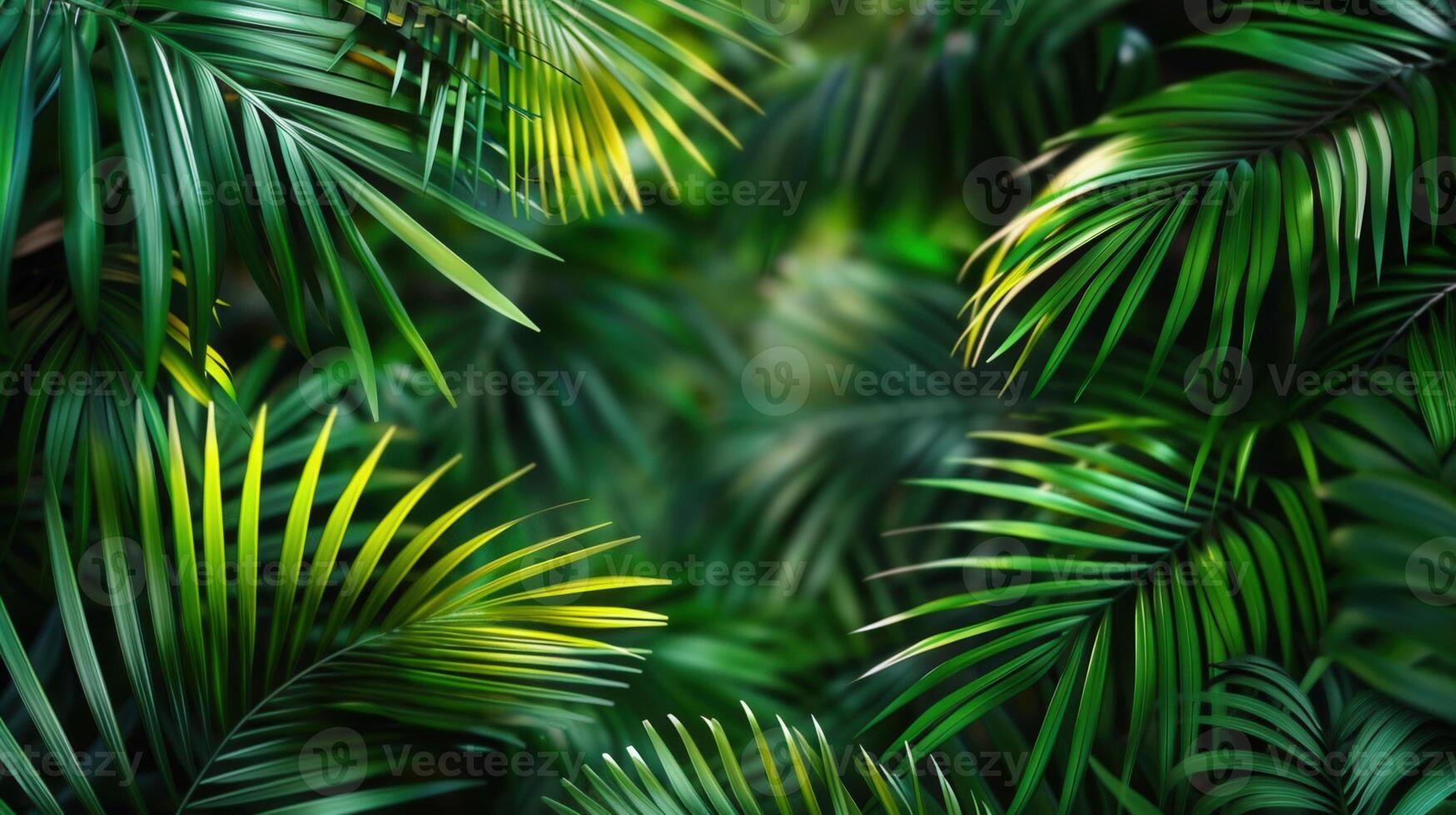a close-up shot of vibrant green palm leaves creating a natural, lush, tropical background. photo