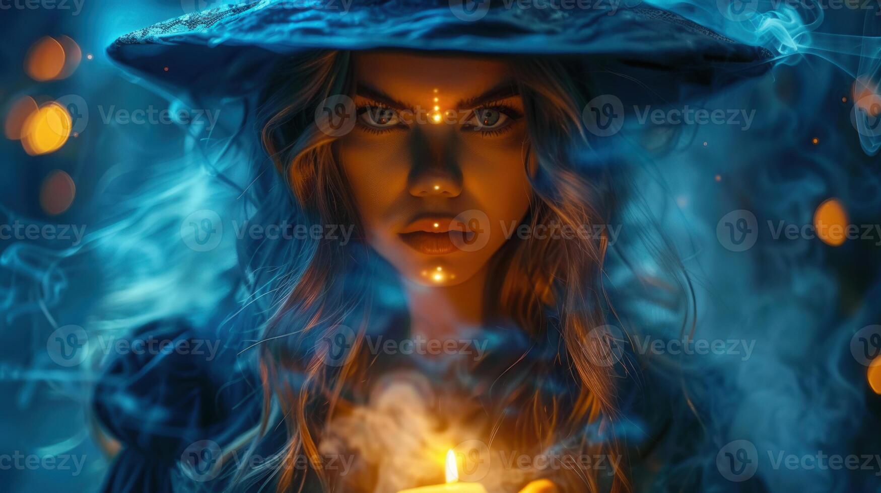 A captivating portrait of a mystical witch with candle and alluring blue smoke. photo