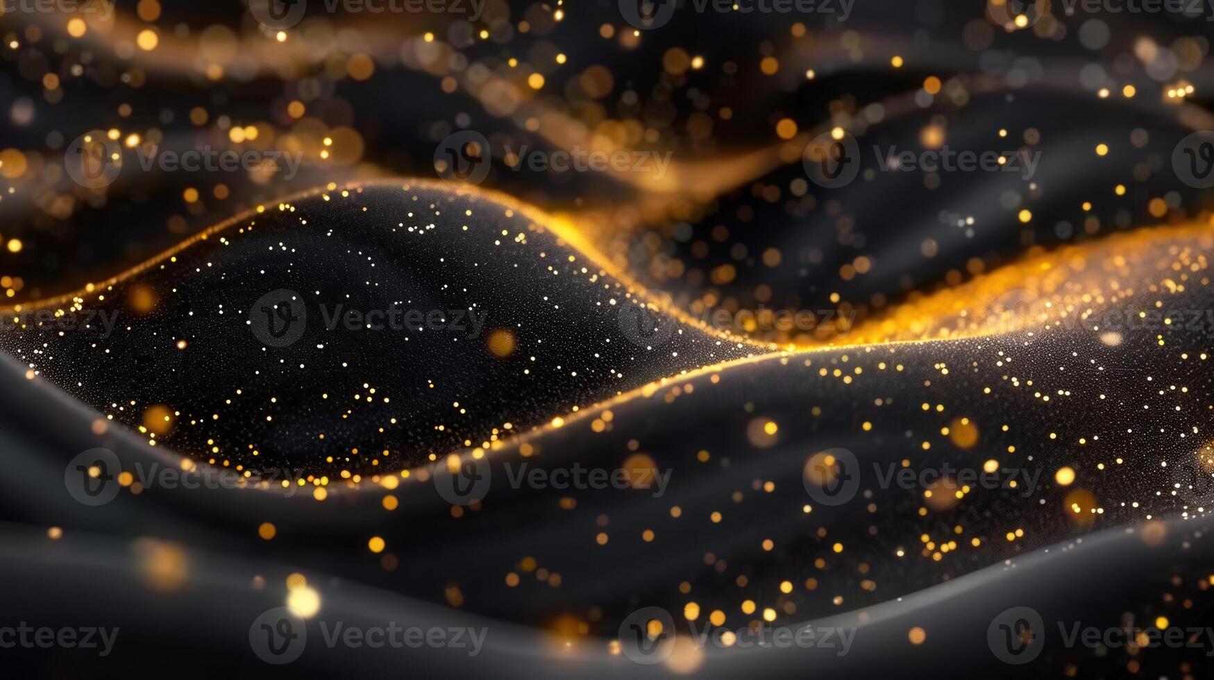 Mesmerizing abstract artwork featuring flowing black fabric and golden shimmering particles. photo