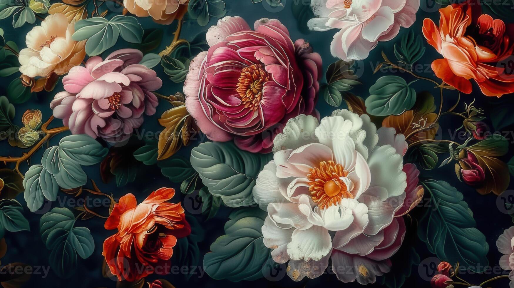 A stunning and intricate floral pattern showcasing a variety of colorful rose blooms and elegant green leaves. photo