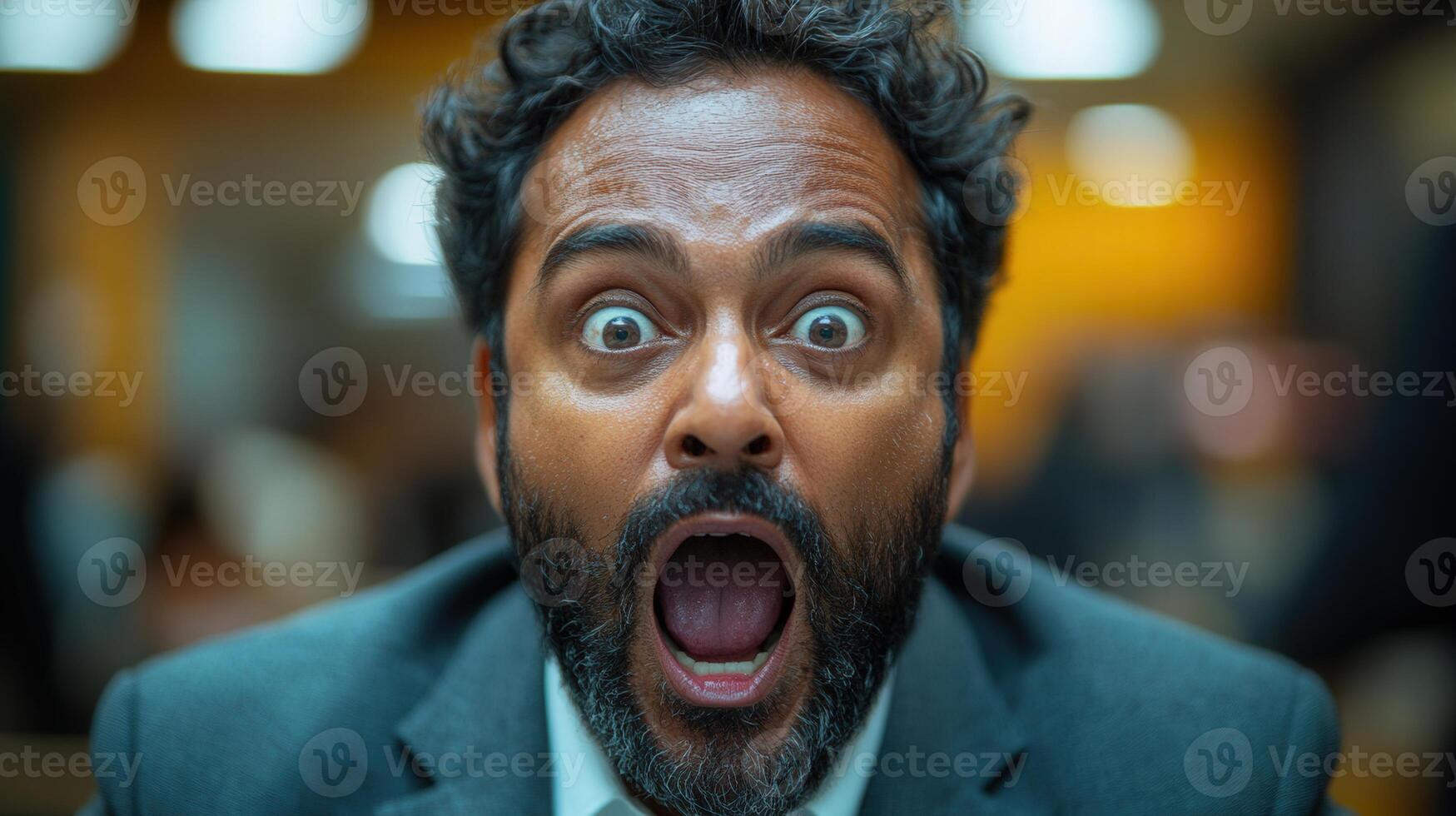 Portrait of a shocked man with his mouth open wide, clearly showing his strong surprise. photo