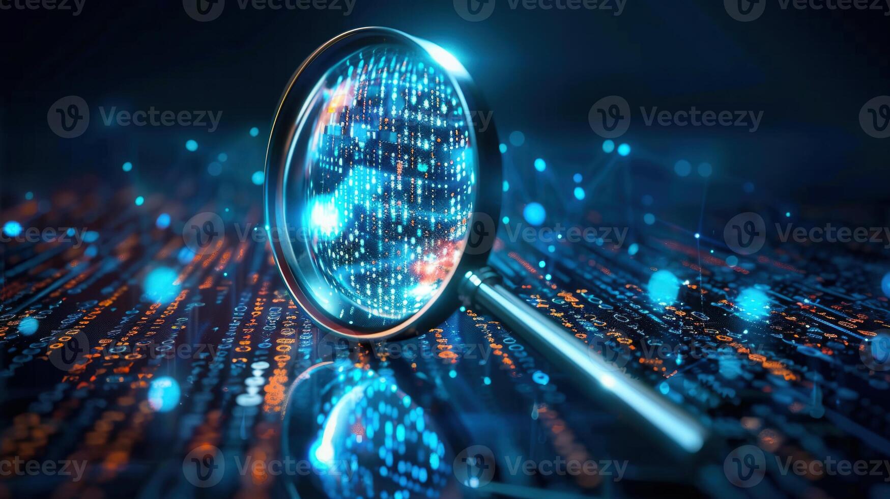 Magnifying glass illuminating a complex digital data pattern, perfect for tech themes. photo
