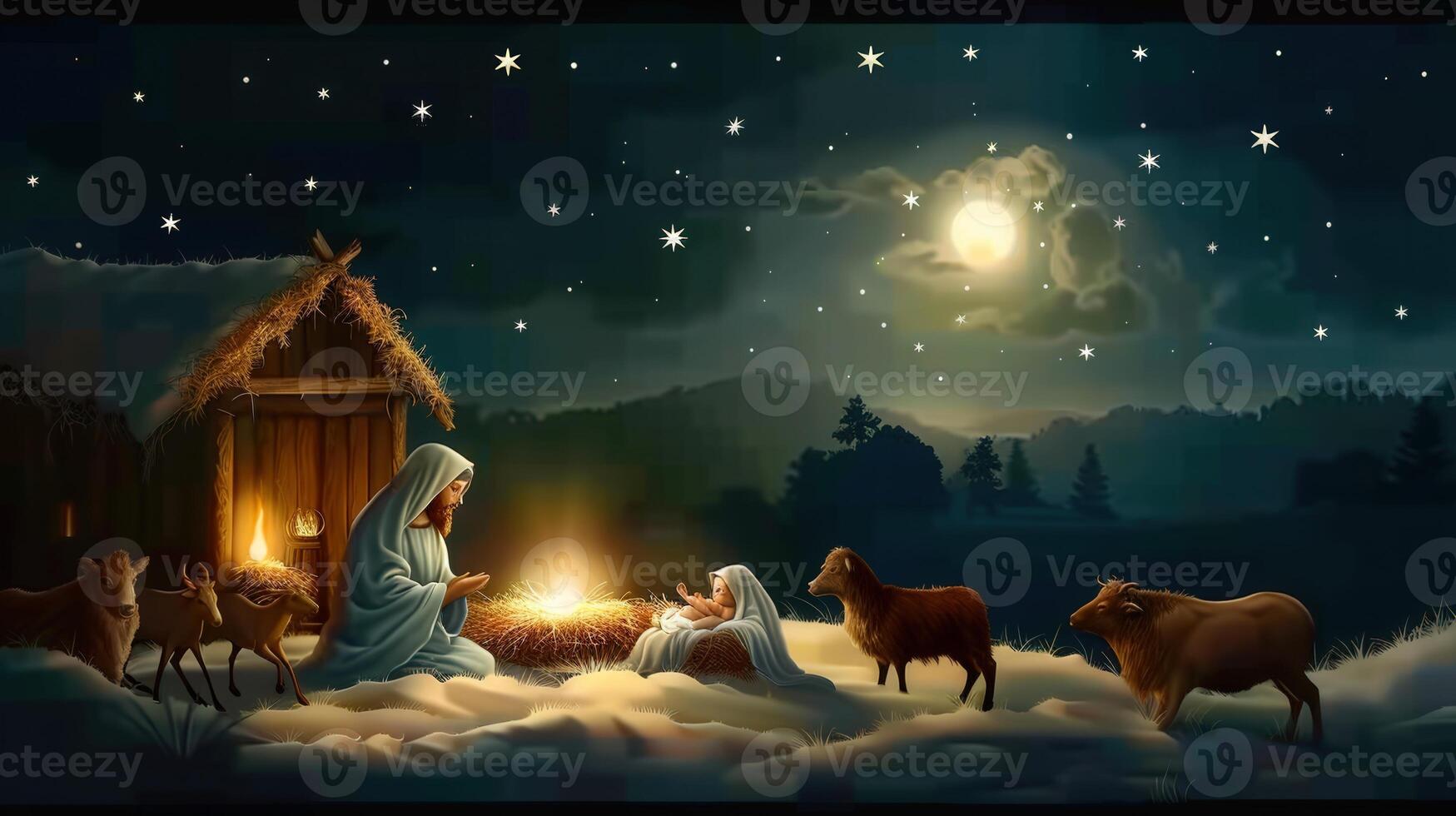 Beautiful Christmas Nativity scene with baby Jesus in a manger, under starry night. photo