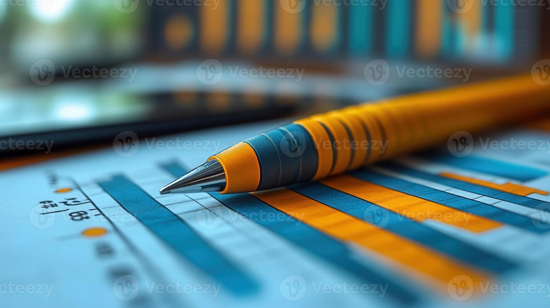 A yellow pen lying on a financial chart, illustrating business analysis and data. photo