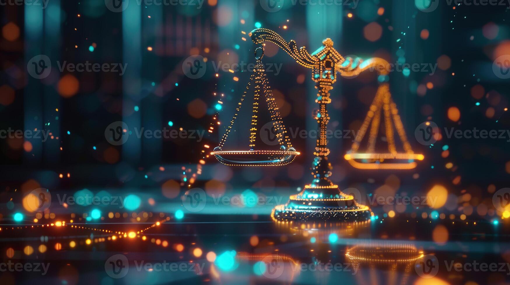 An illuminated balance scale against a blurred backdrop represents justice, law, and ethical principles. photo