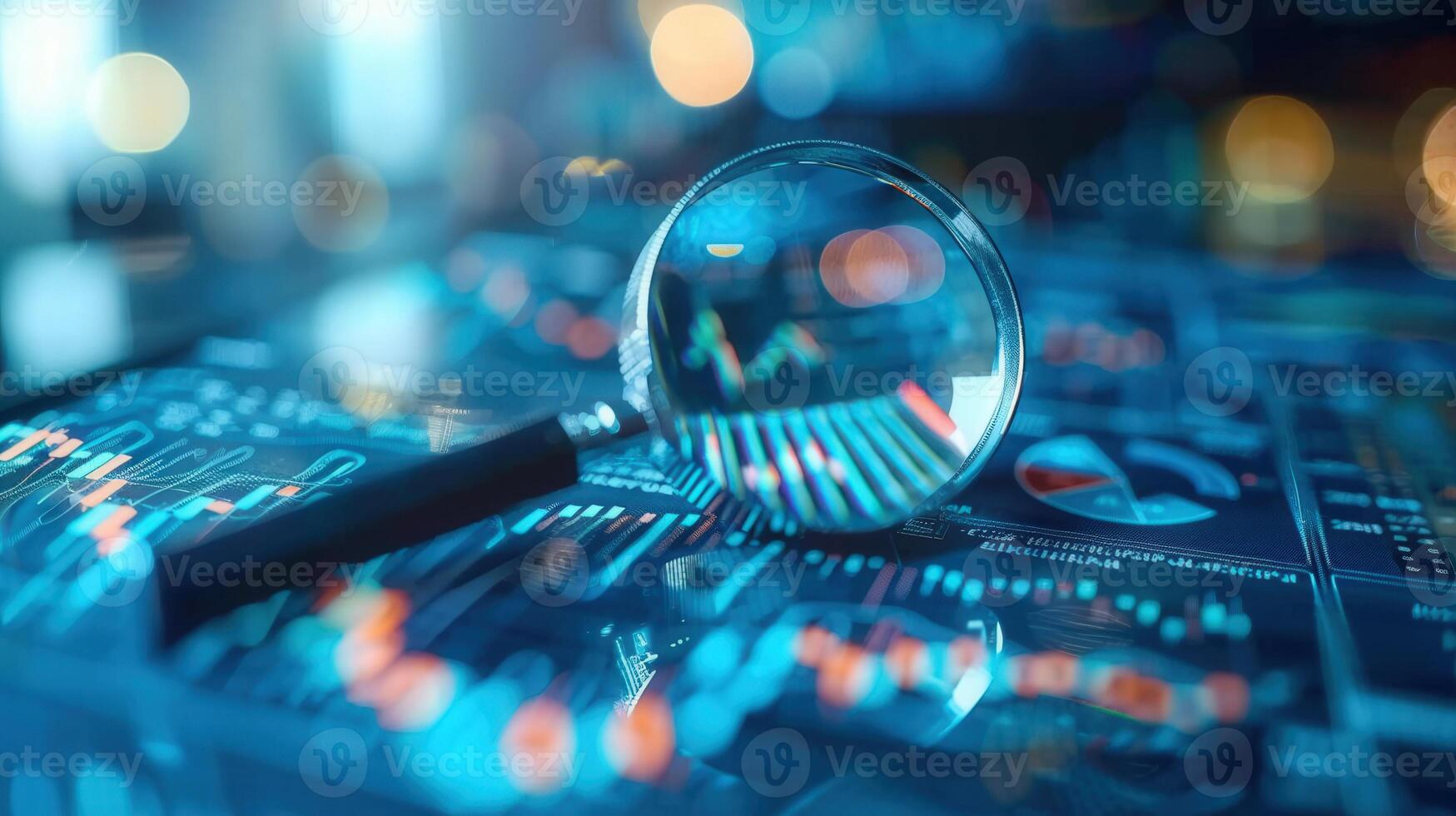 Magnifying glass over digital data charts, representing business analysis and market research. photo