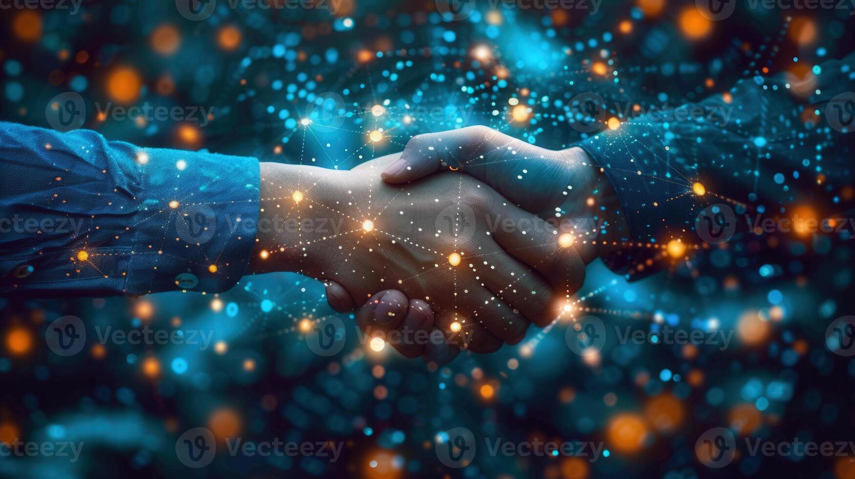 A handshake within a digital network, conveying teamwork and successful business relations. photo