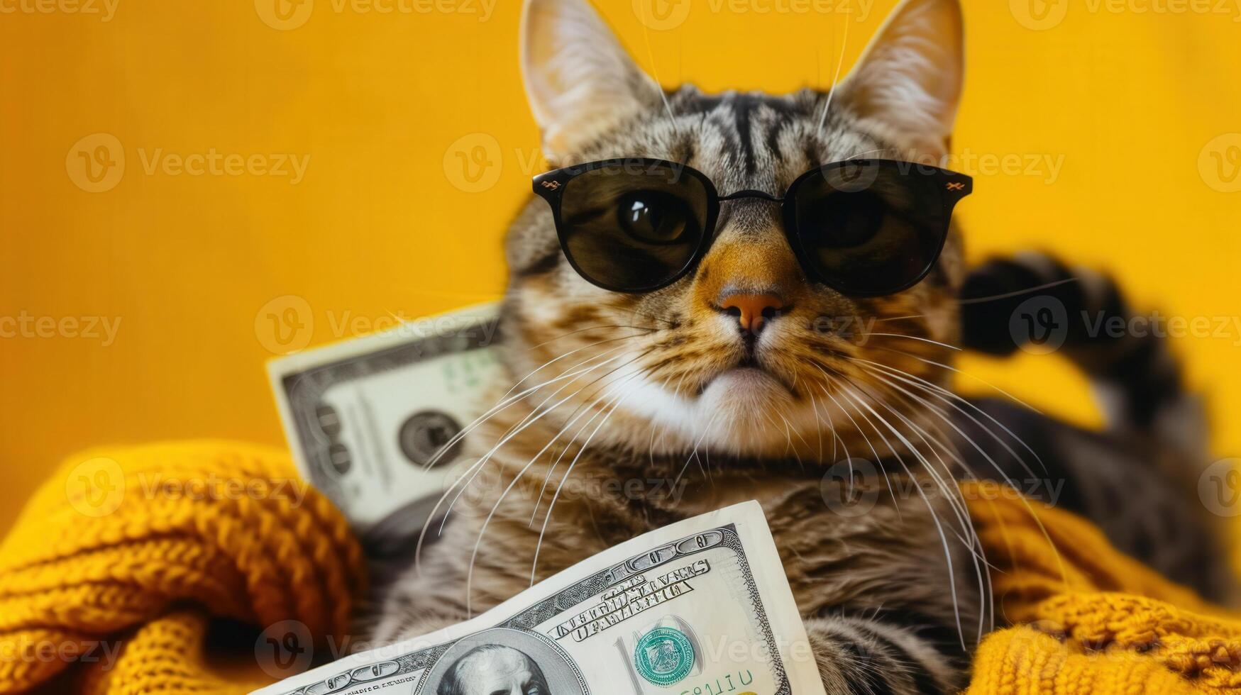 A cool tabby cat wearing sunglasses and holding money, looking rich on a yellow background. photo