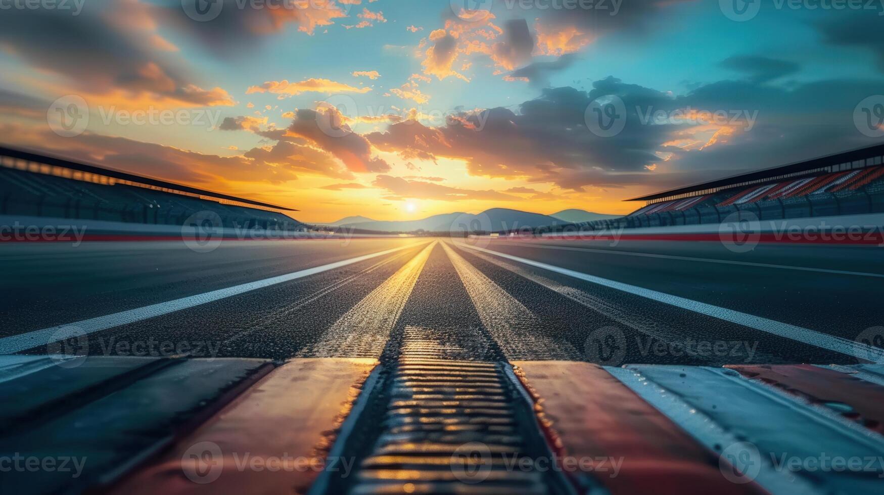 The setting sun casts a warm glow over the racetrack, as the scene creates a feeling of excitement. photo