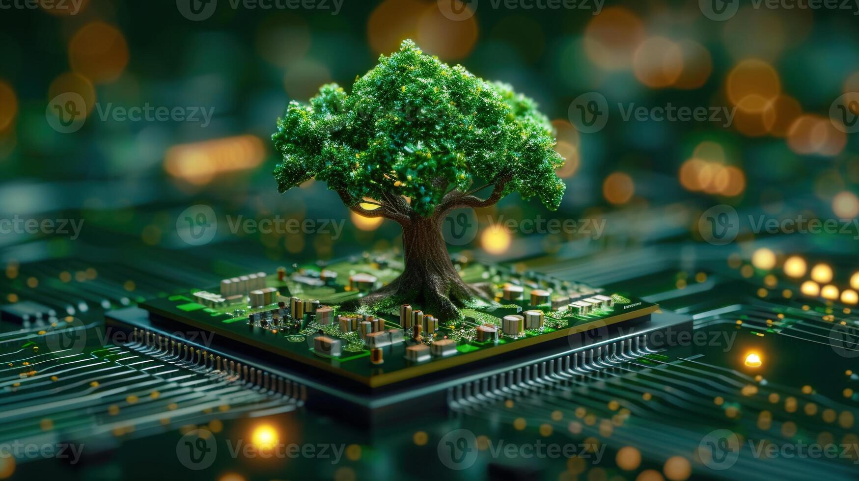 A vibrant tree flourishes from a computer circuit, merging nature and technology visually. photo