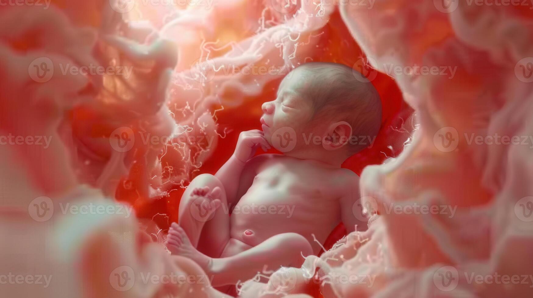 A serene depiction of a fetus, gracefully positioned within the protective womb environment. photo