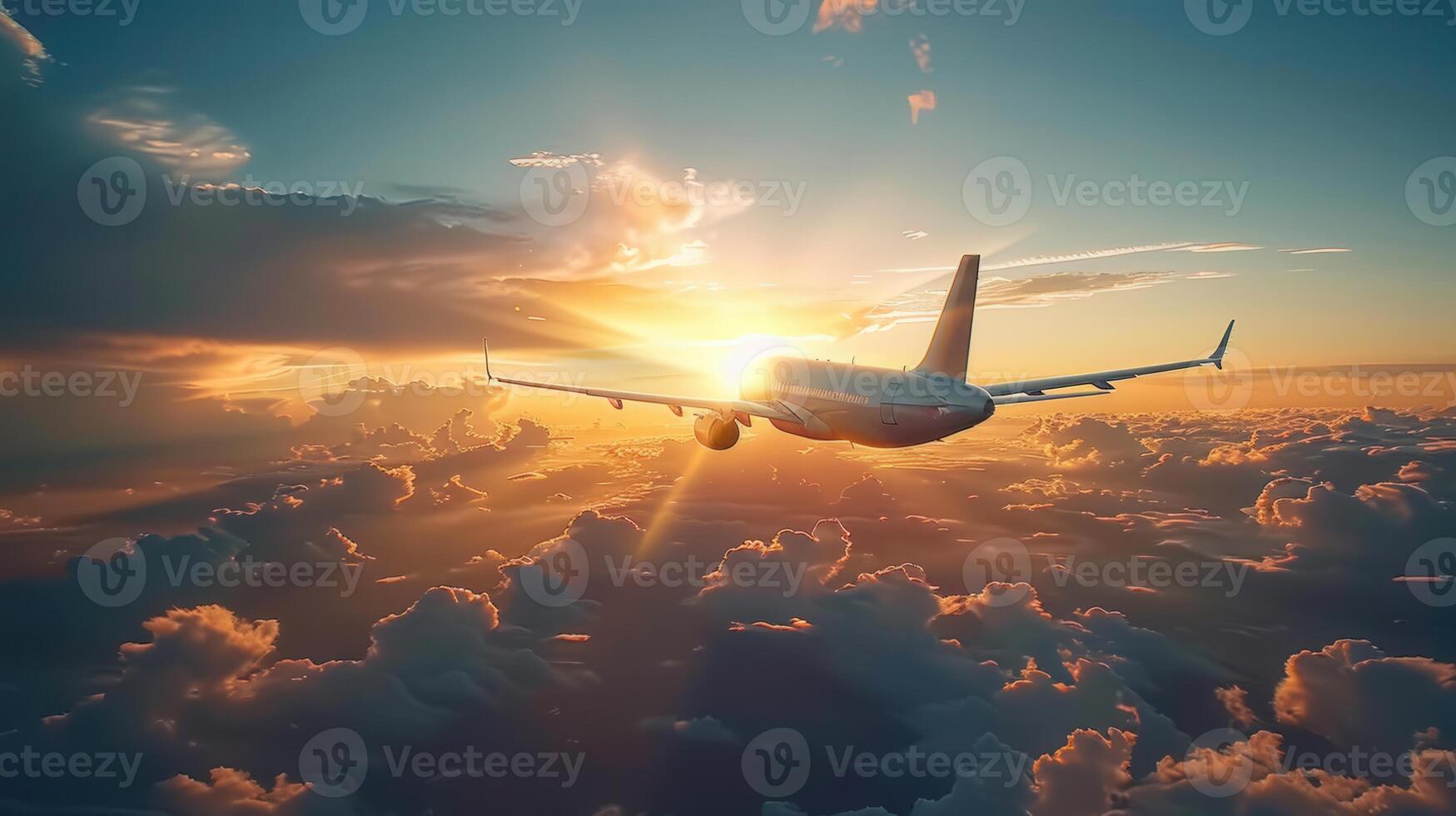 A commercial airplane flies through a vibrant, golden sunset sky, surrounded by clouds. photo