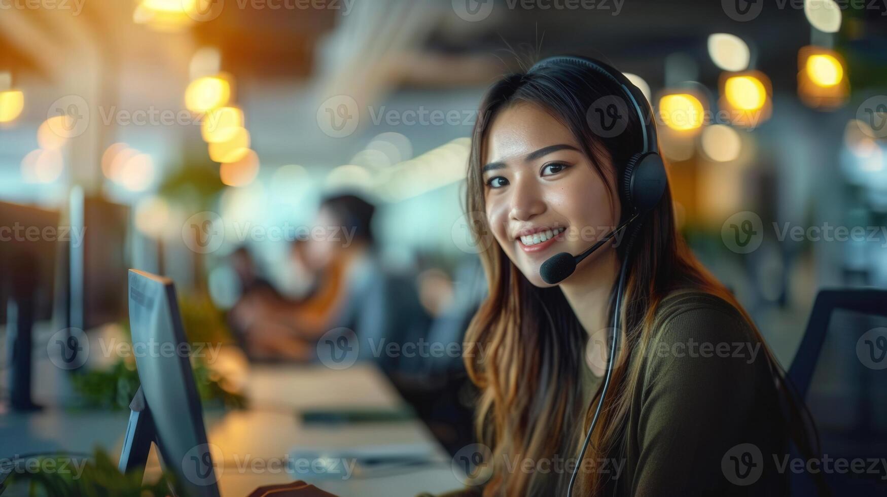 A friendly Asian customer service agent smiles while assisting a client at her workplace. photo