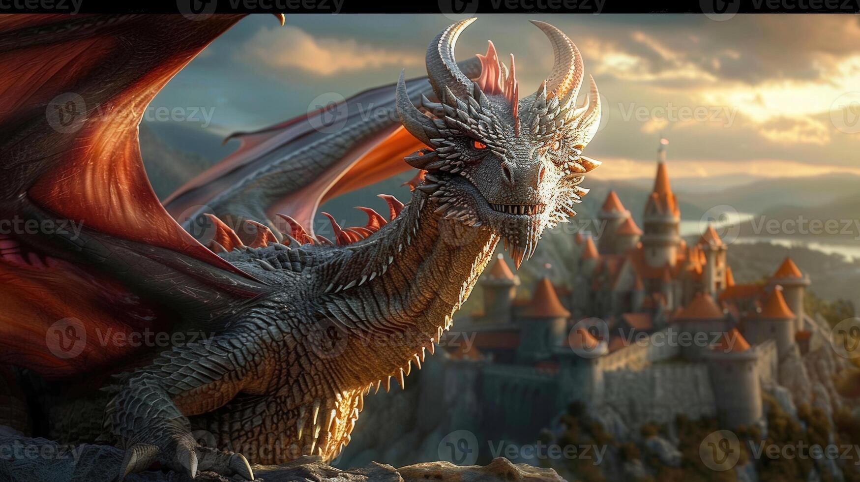 A fearsome dragon guards a castle atop a mountain during a vibrant sunset. photo