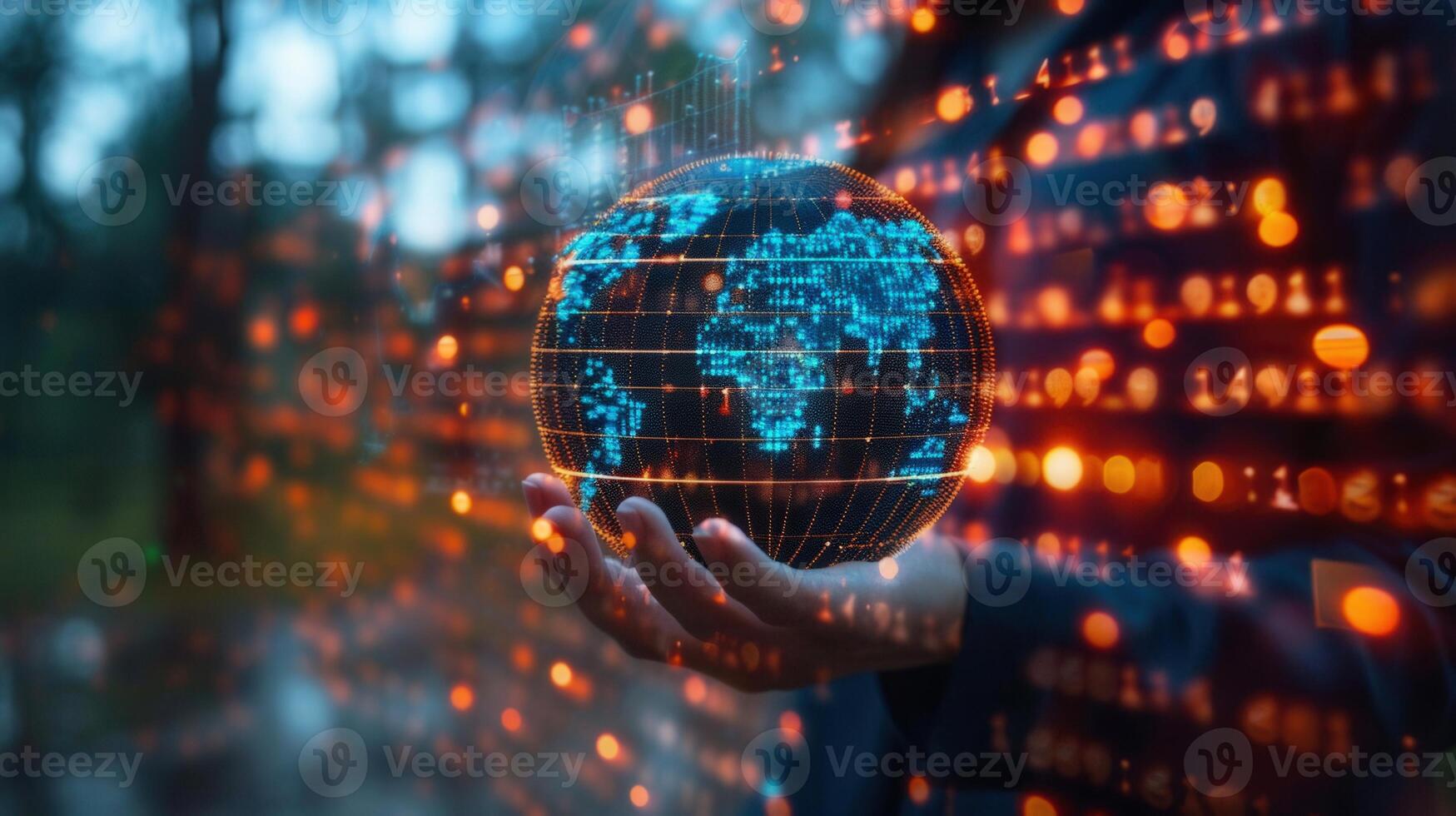 A hand holds a glowing digital globe, representing global network communication and technology. photo