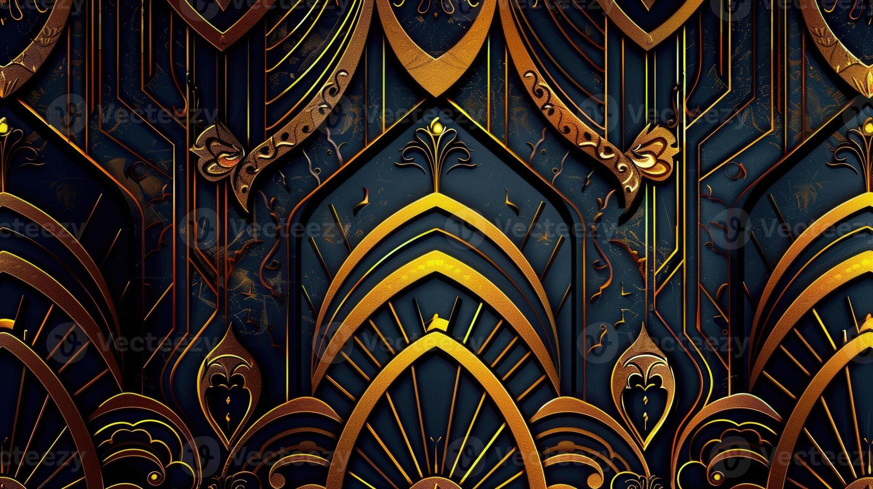 A luxurious and intricate golden pattern with a deep blue background, perfect for elegant designs. photo