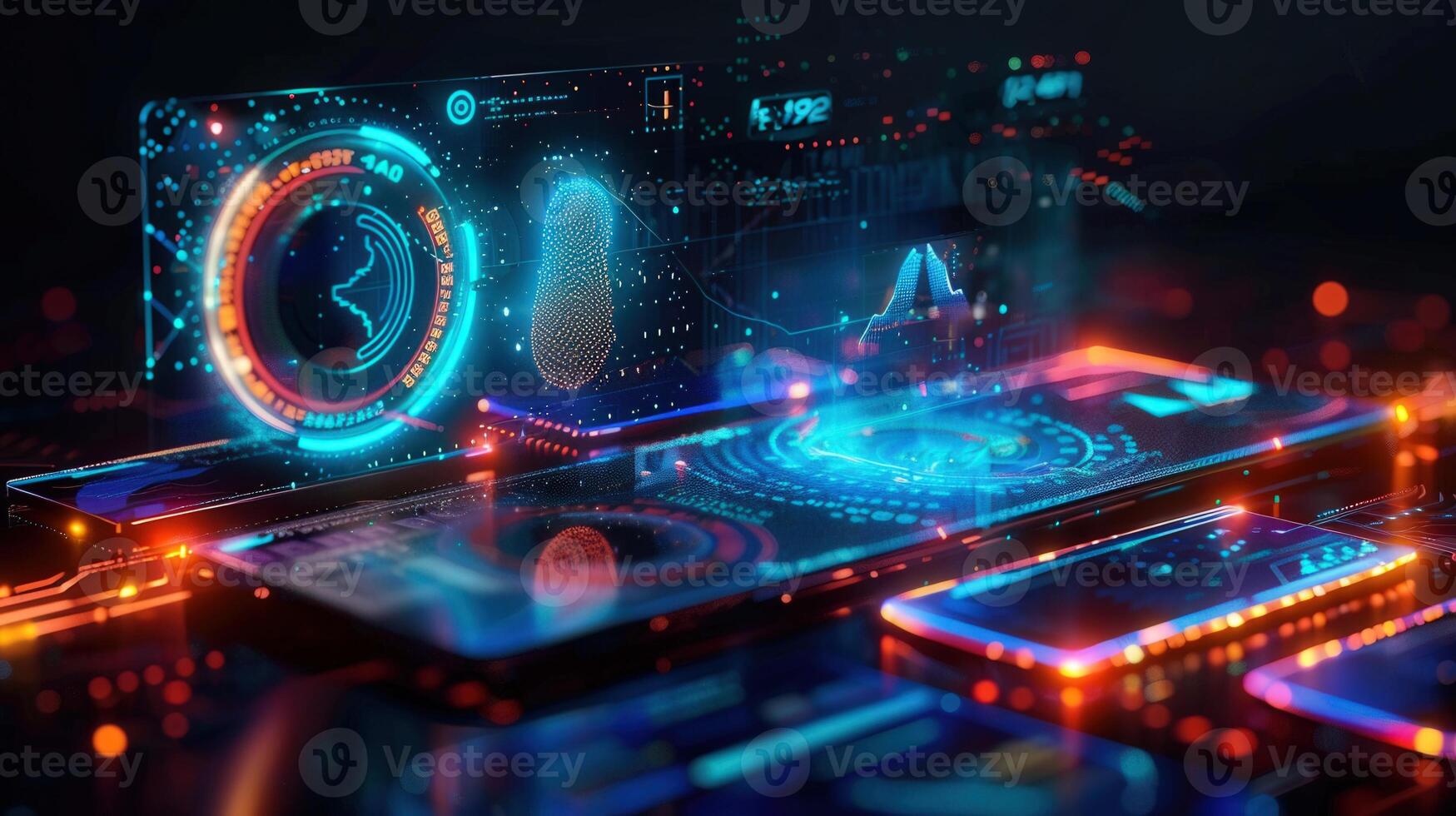 A stunning digital art piece showcasing a futuristic tech interface with neon lighting. photo