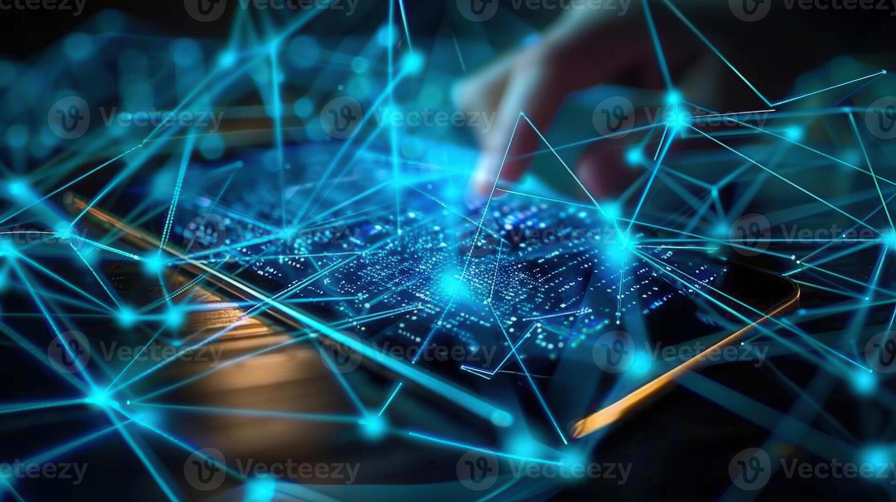 A person's hand interacting with a tablet, a network of data flowing throughout. photo