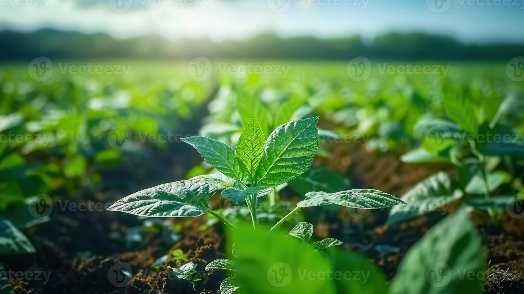 Close-up of a thriving soybean plant in a field, bathed in the morning sun. photo
