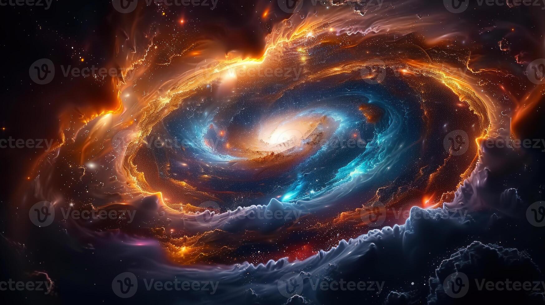 A breathtaking view of a vibrant spiral galaxy with luminous colors in the endless cosmos. photo