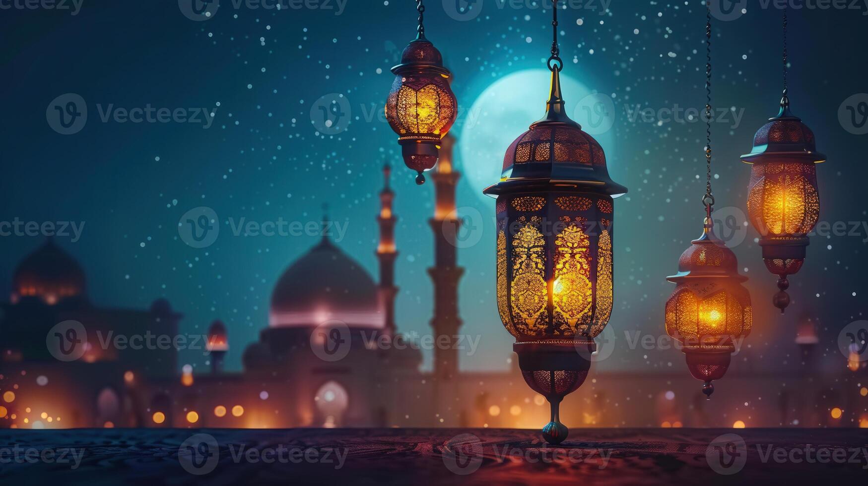 Decorative lanterns hang in front of a mosque under a starry night sky during a festival. photo
