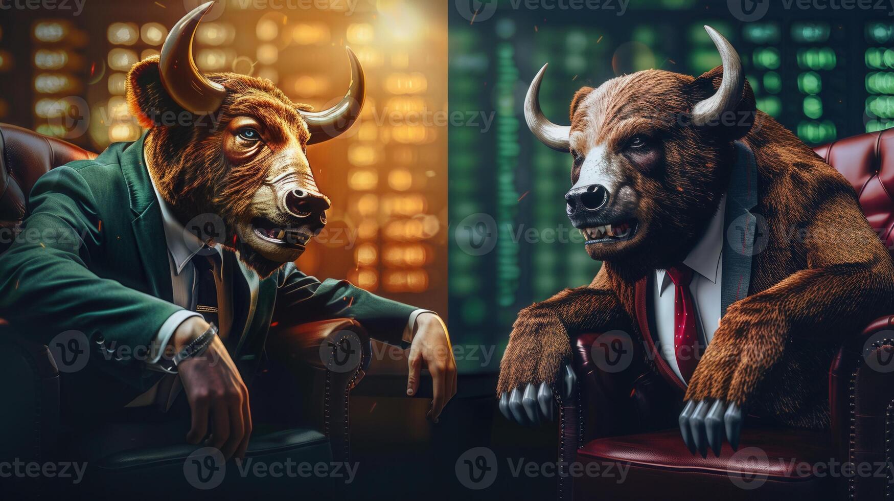 A bull and a bear in a luxurious setting, representing the ups and downs of the market. photo