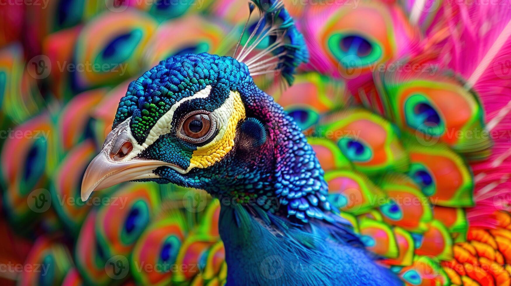 Close-up of a beautiful peacock with vibrant, iridescent feathers on display. photo