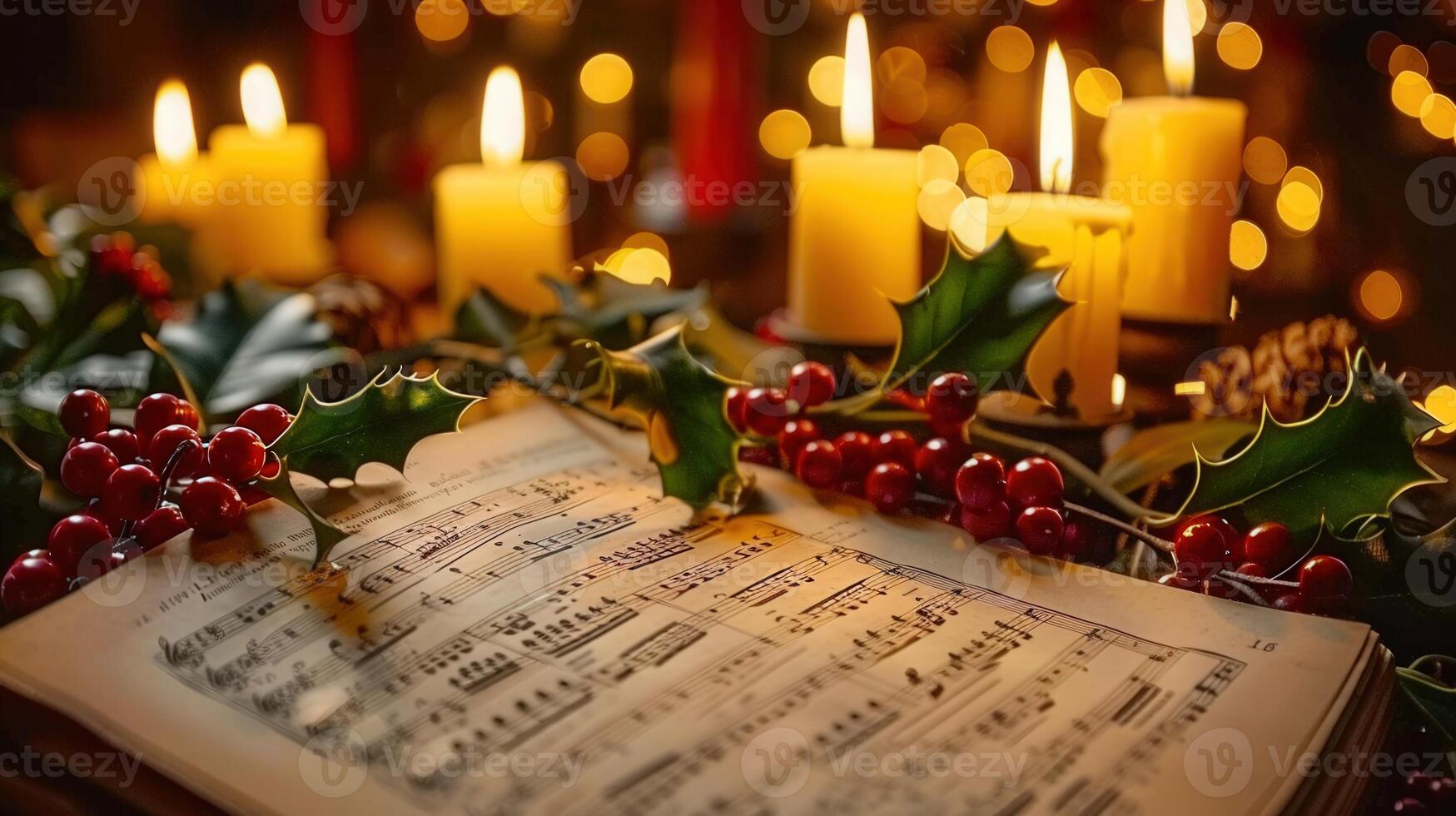 A warm and inviting holiday scene, showcasing lit candles, sheet music, and holly berries. photo