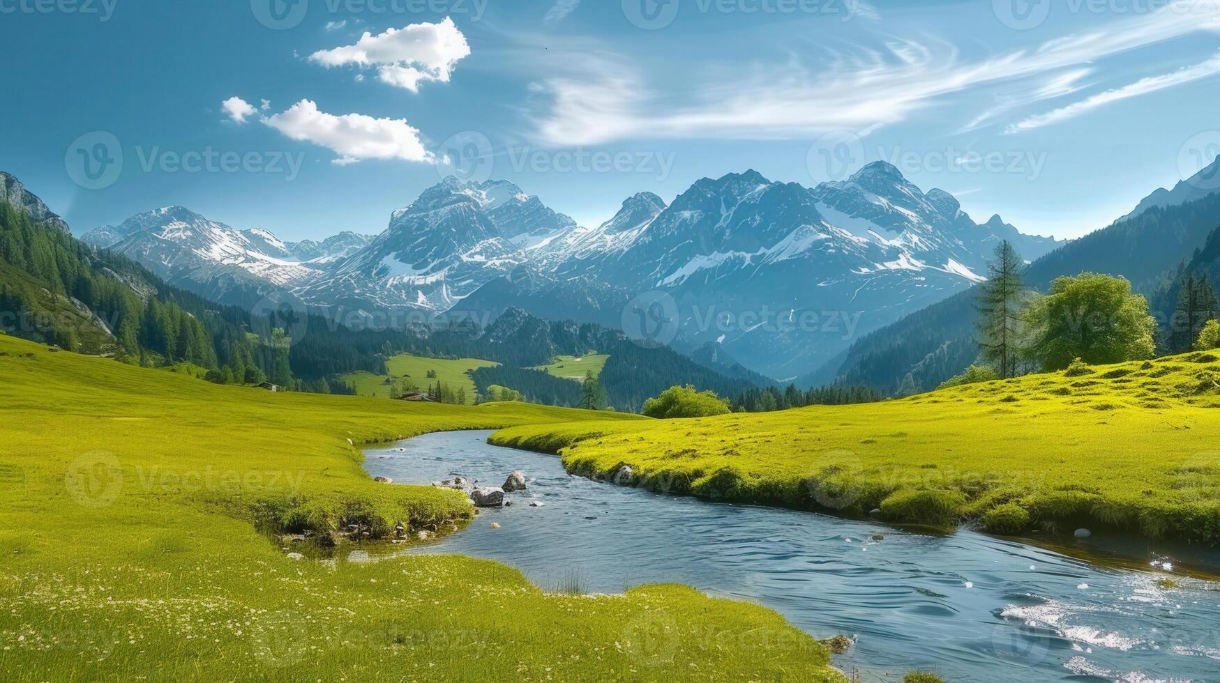 A picturesque view of mountains with a flowing river and a vibrant green meadow. photo