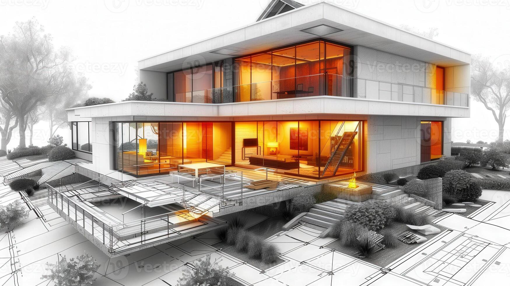 A stunning modern architectural rendering showcasing a luxurious home, featuring open design and sleek lines. photo