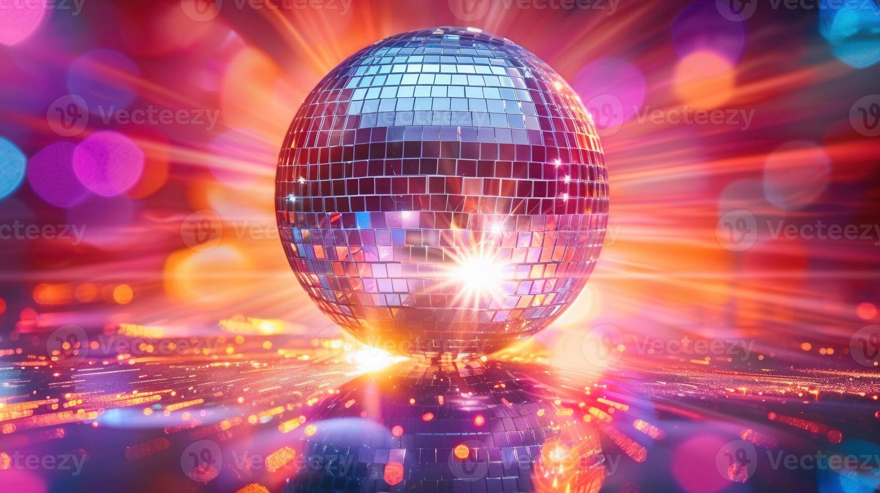A captivating shot of a shiny disco ball reflecting vivid colors with vibrant light beams. photo