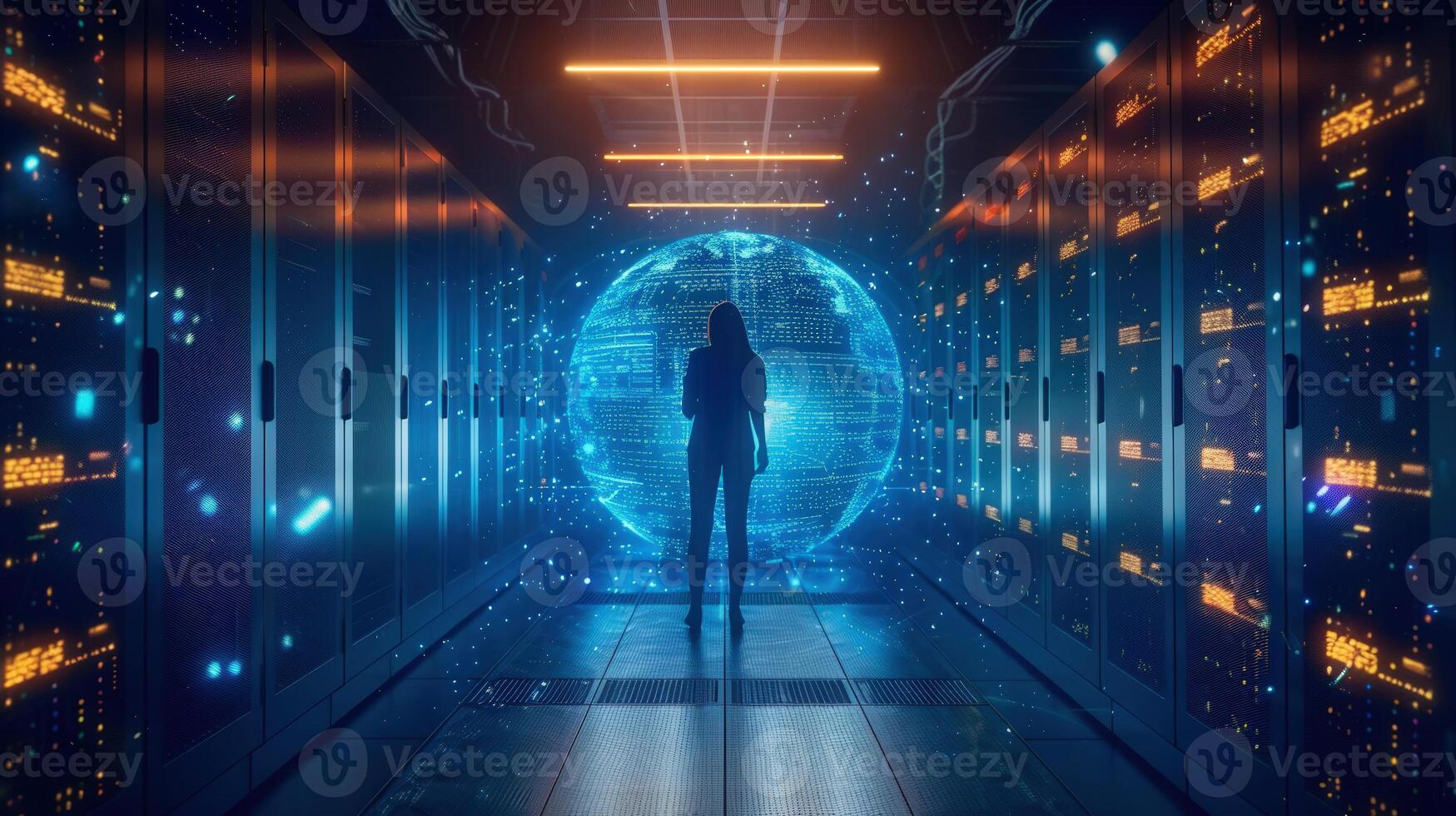 A silhouette of a woman contemplating a digital sphere in a high-tech server room setting. photo