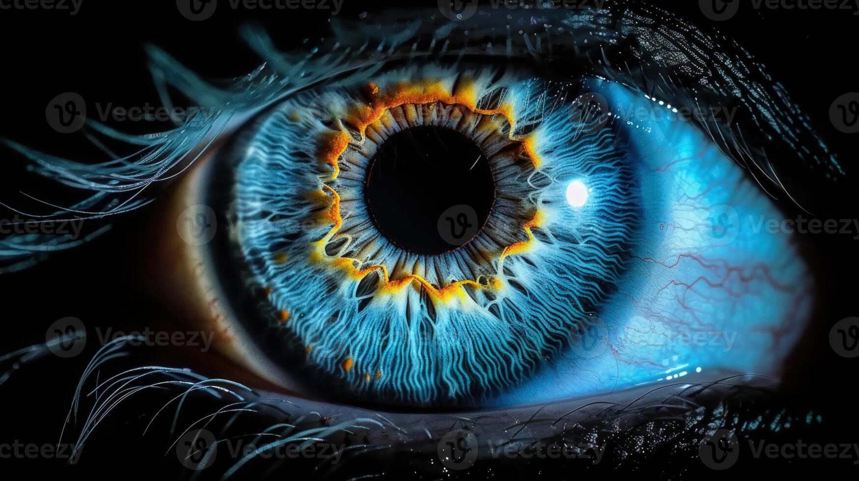 Intricate details of a vibrant blue human eye in a mesmerizing macro close-up shot. photo