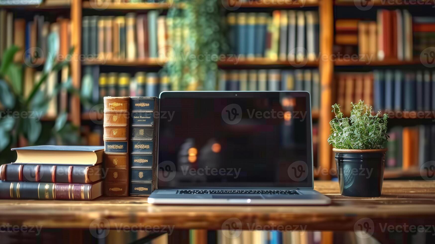 A laptop and books on a wooden desk, with a backdrop of a library's bookshelves. photo