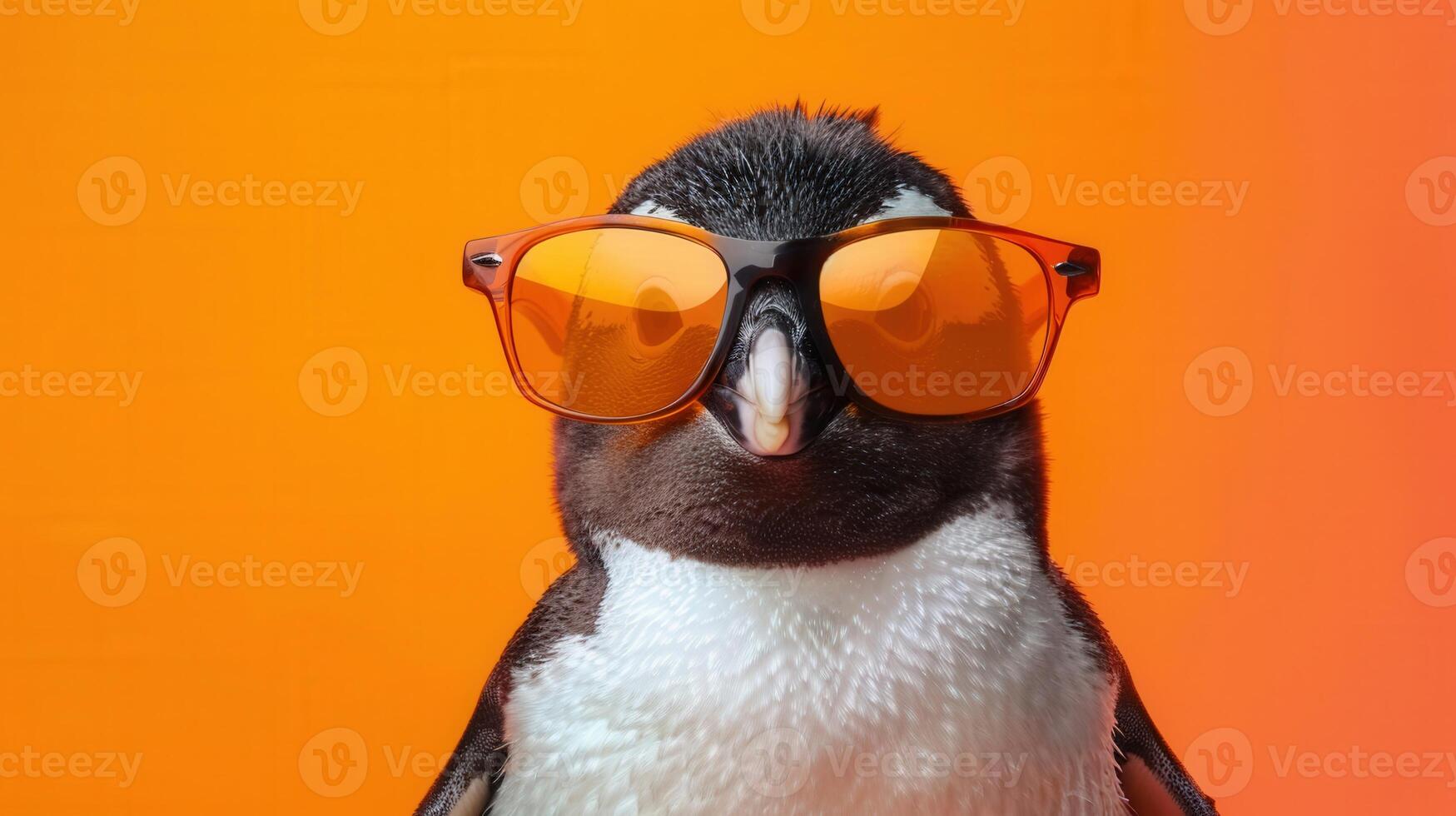 A charming penguin with cool orange sunglasses strikes a pose on a bright, eye-catching background. photo