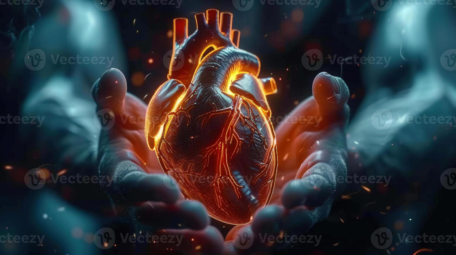 A glowing, realistic human heart gently held in open hands with a dark background. photo