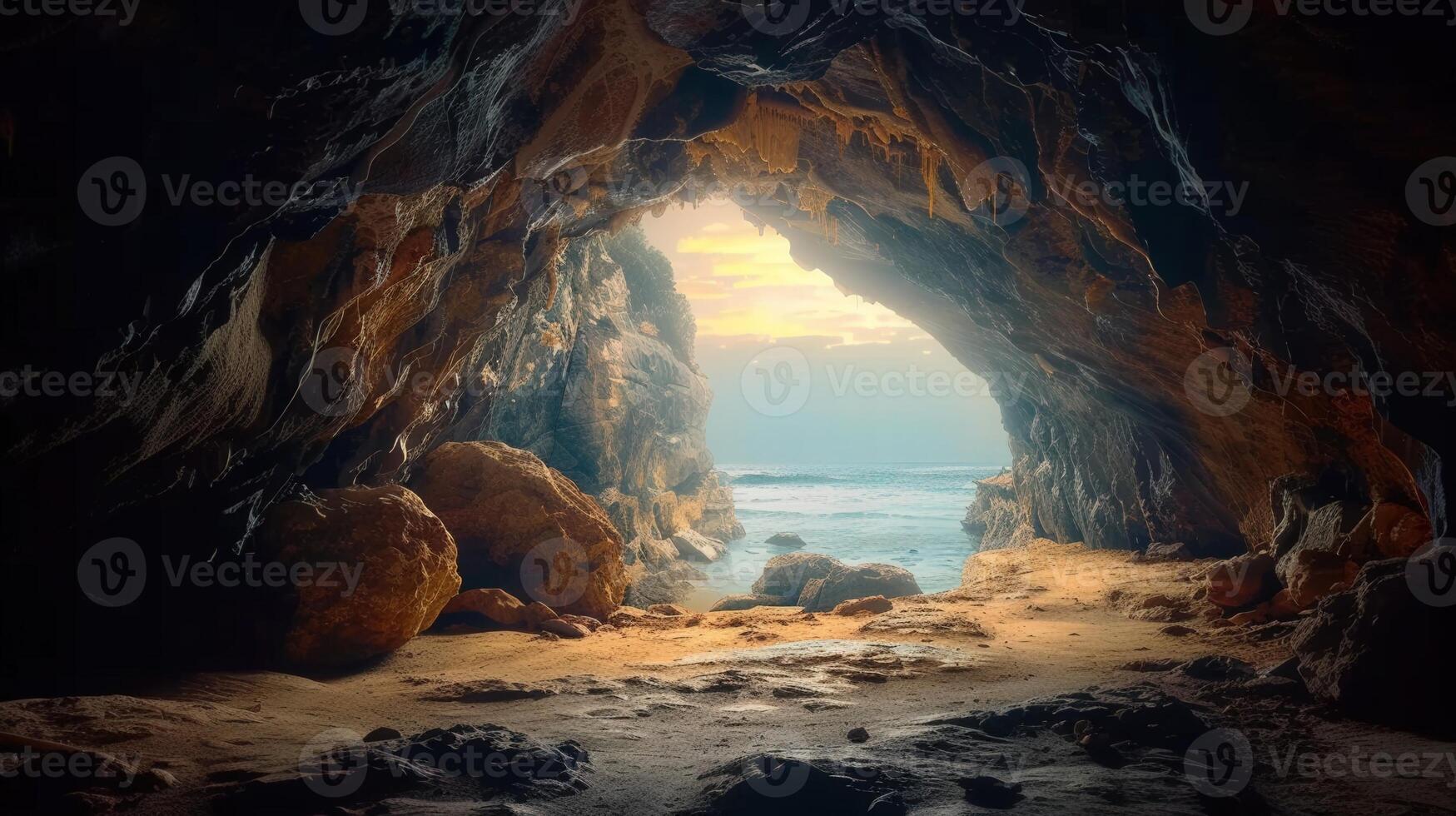 An opening in a coastal cave provides a view of the ocean under the sunset. photo