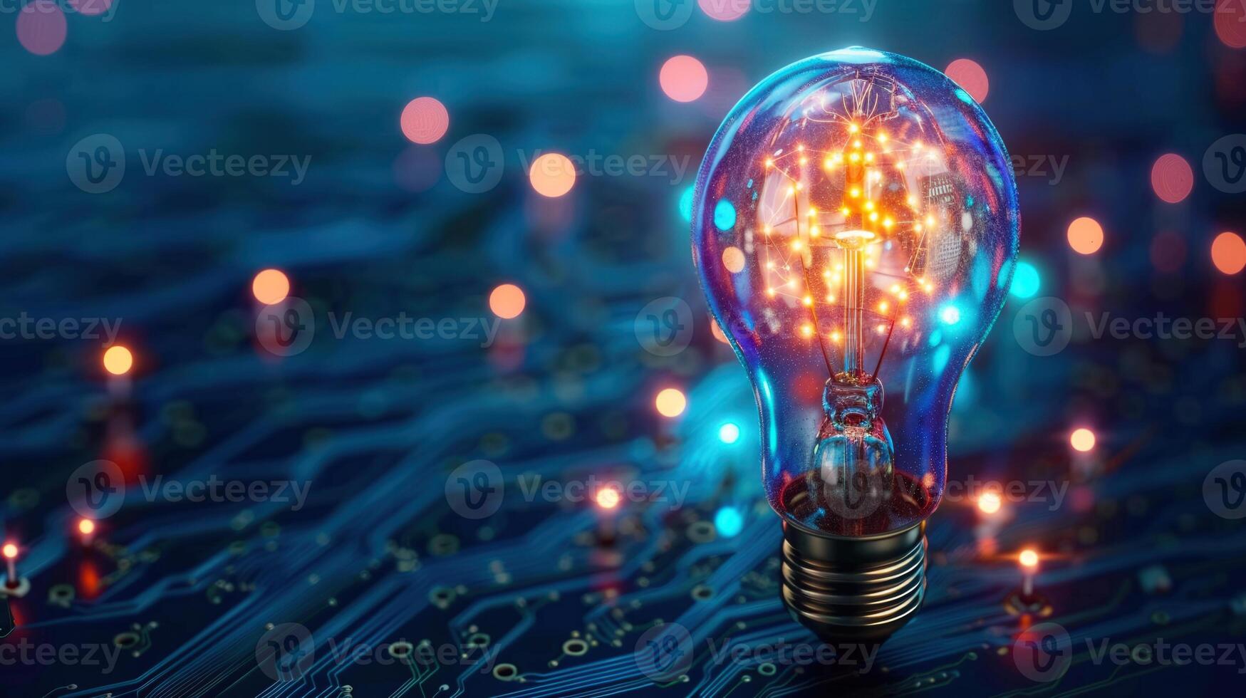 An illuminated lightbulb signifies innovation, technology, and ideas within a modern design. photo