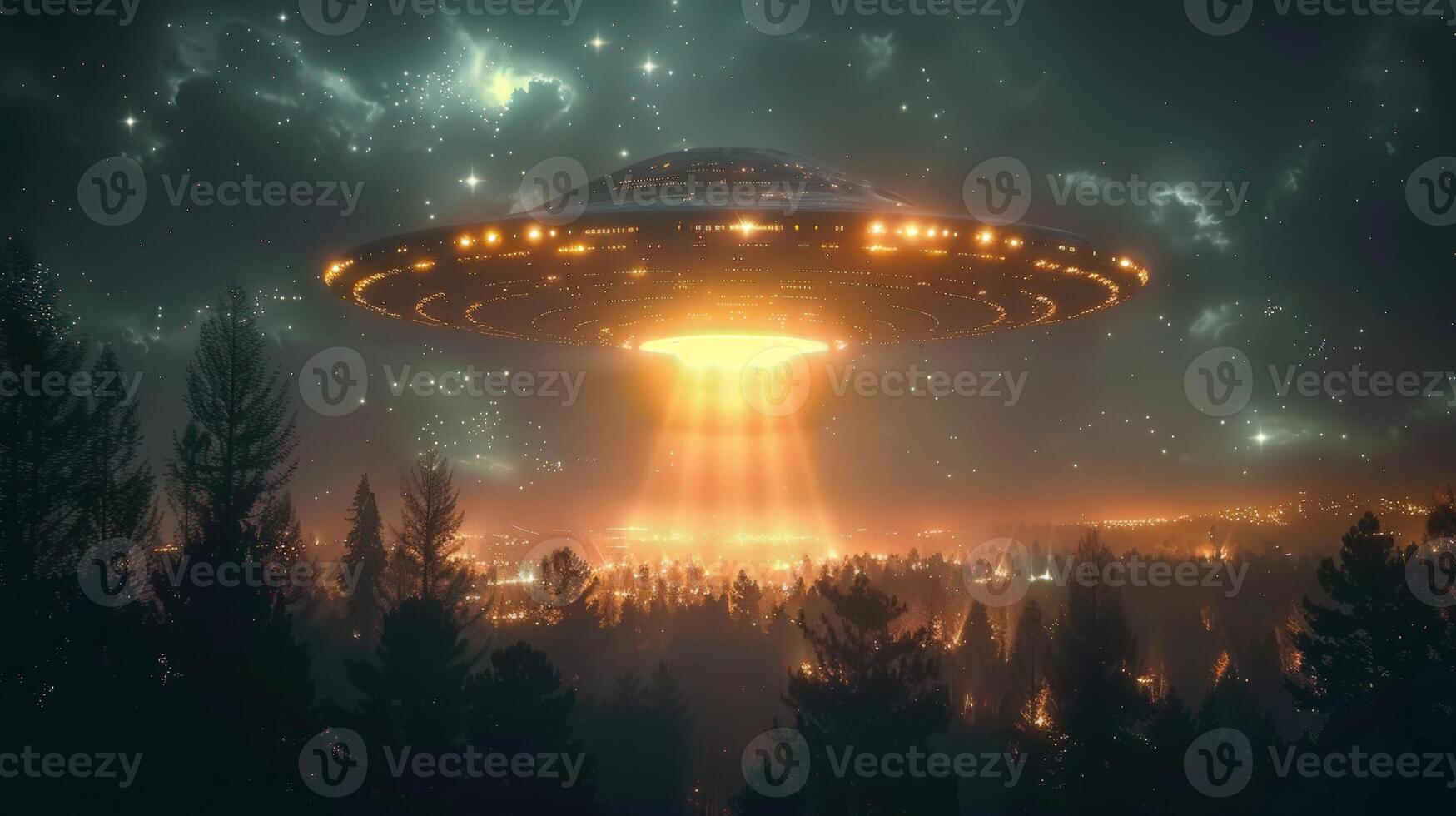 A mesmerizing image depicting a ufo descending over a forest with city lights beneath the starry night sky. photo
